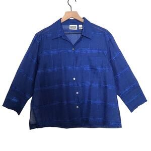 Chico's Design Royal Blue Embroidered 3/4 Sleeve Button Collard Shirt Blouse Top